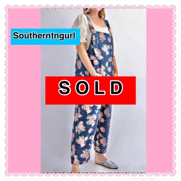 easel Pants - NWT EASEL Floral Distressed Oversized Blue Jean Denim Overalls / Jumpsuit